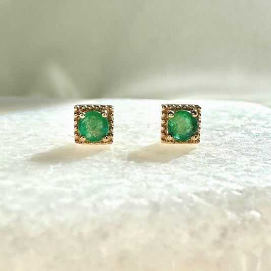Genuine Emerald 3mm Round Cut and Princess Cut Gold Earrings | 14k Solid Gold