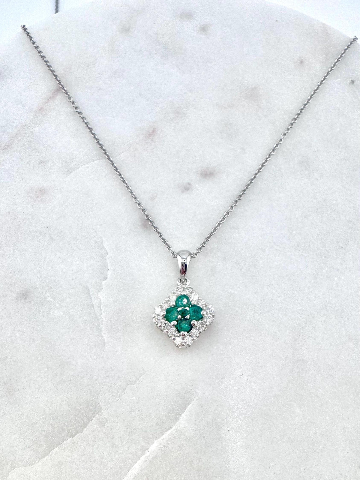 Genuine Emerald and Diamond Square Pendant in 18k Solid White Gold