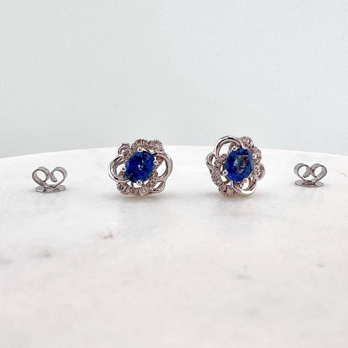 18k White Gold Oval Sapphire Diamond Flower Stud Earrings, September Birthstone Gift
