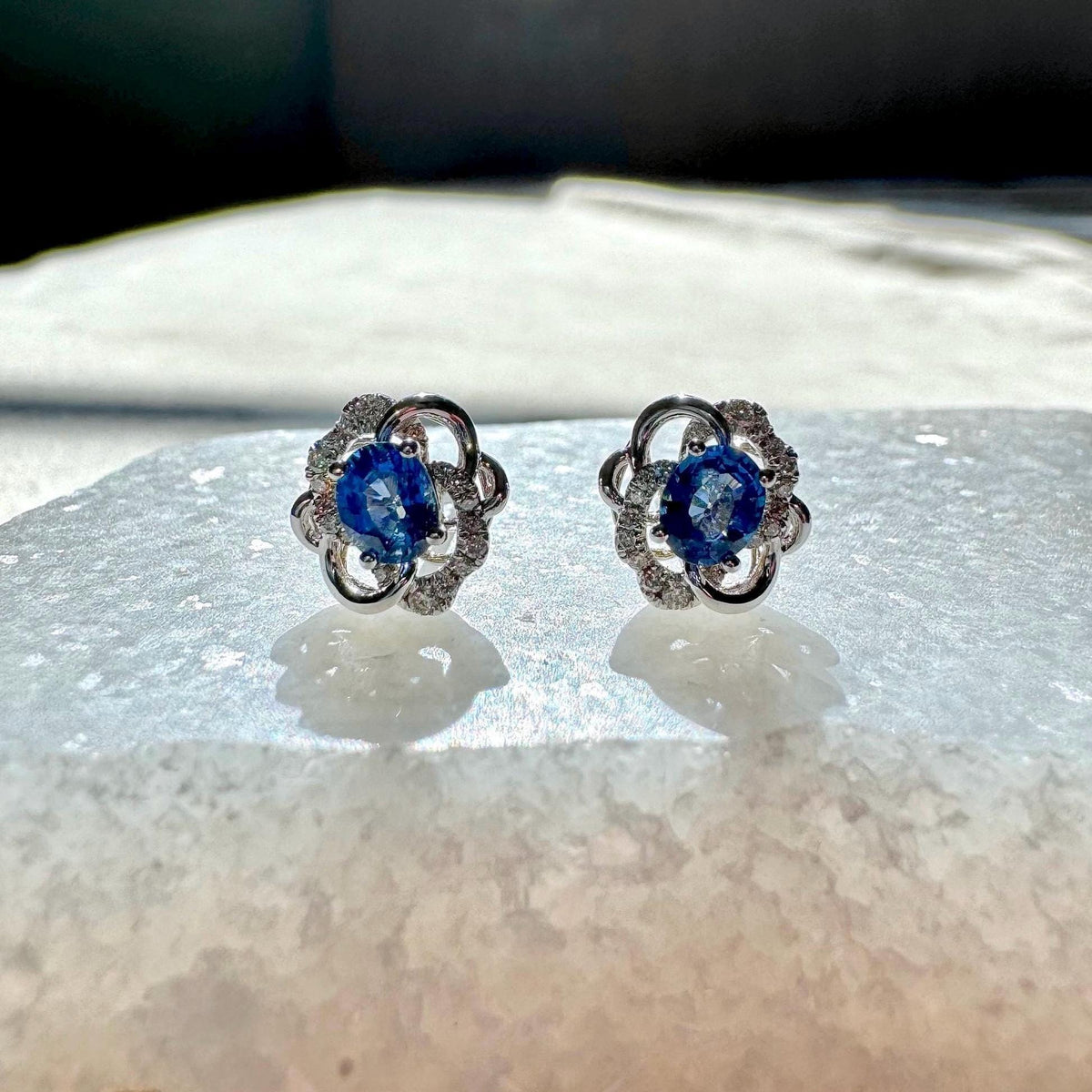 18k White Gold Oval Sapphire Diamond Flower Stud Earrings, September Birthstone Gift