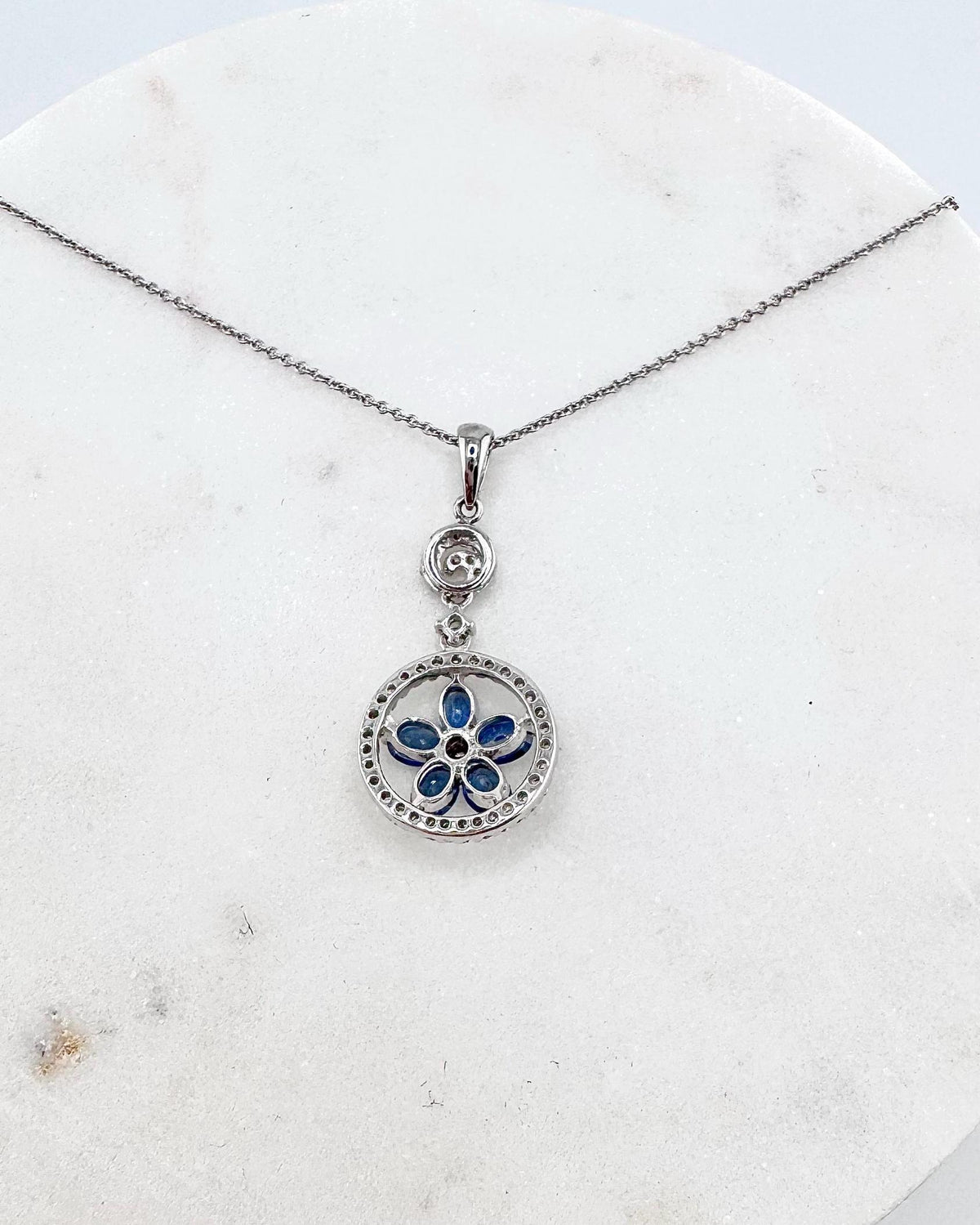 18k White Gold Sapphire Diamond Flower Halo Pendant, September Birthstone Gift