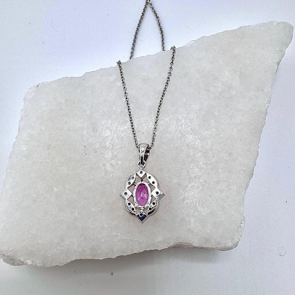 18k White Gold Pink Sapphire Diamond Halo Pendant Necklace, September Birthstone