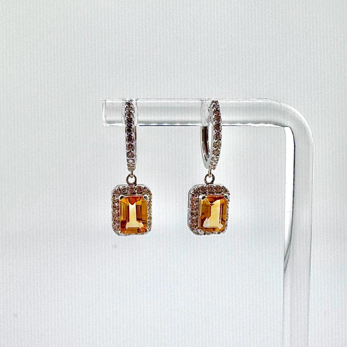 Genuine Citrine Emerald Cut Dangle Hoops, 14k Solid Gold, November Birthstone