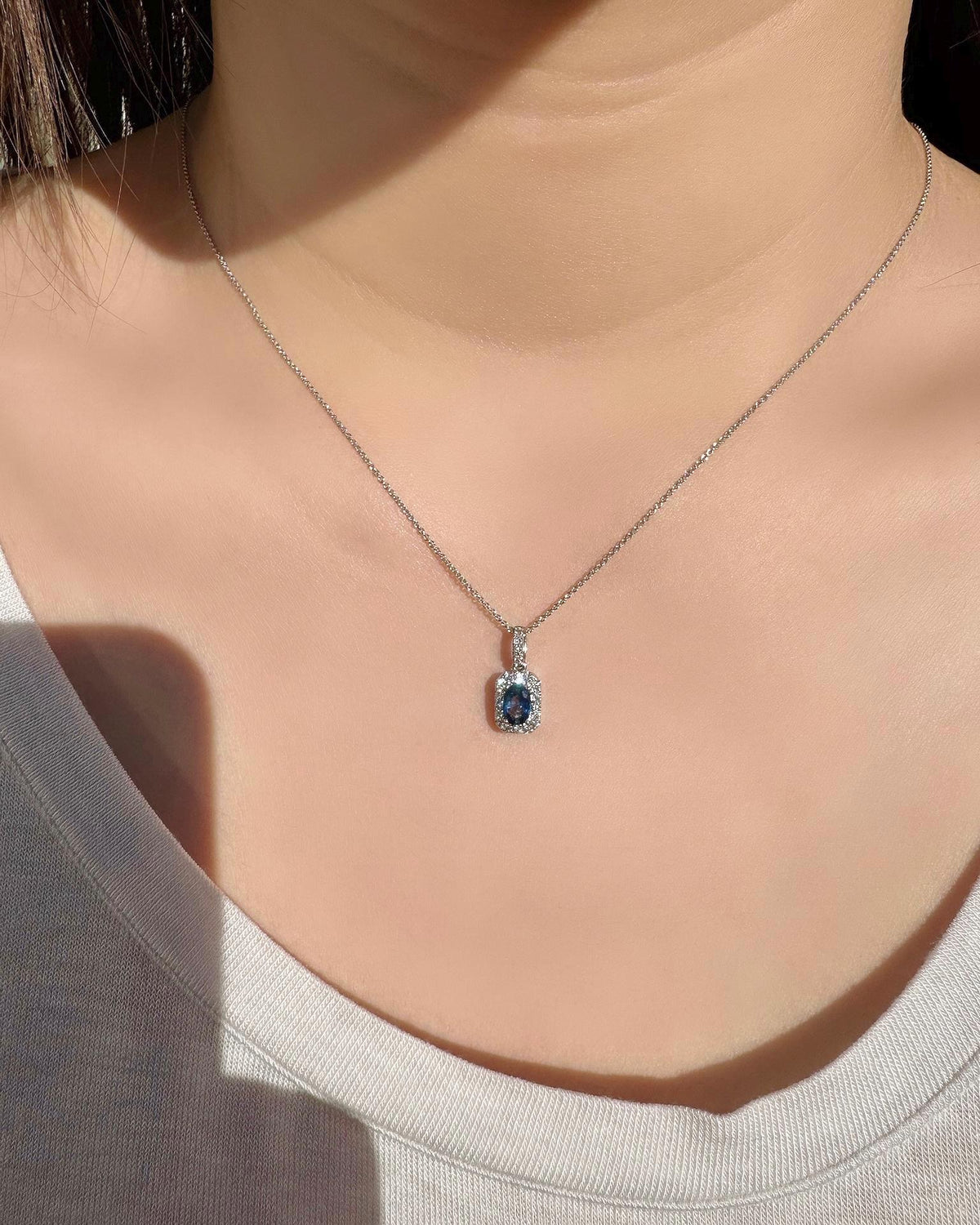 Genuine Sapphire and Diamond Halo Oval Cut Pendant, 18k Solid Gold, September Birthstone, Gift for Her