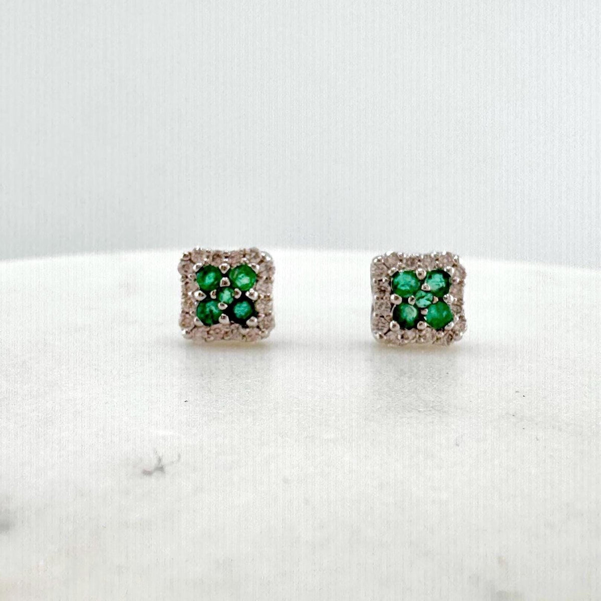 Genuine Emerald Diamond Square Halo Stud Earrings, 14k Solid White Gold, May Birthstone