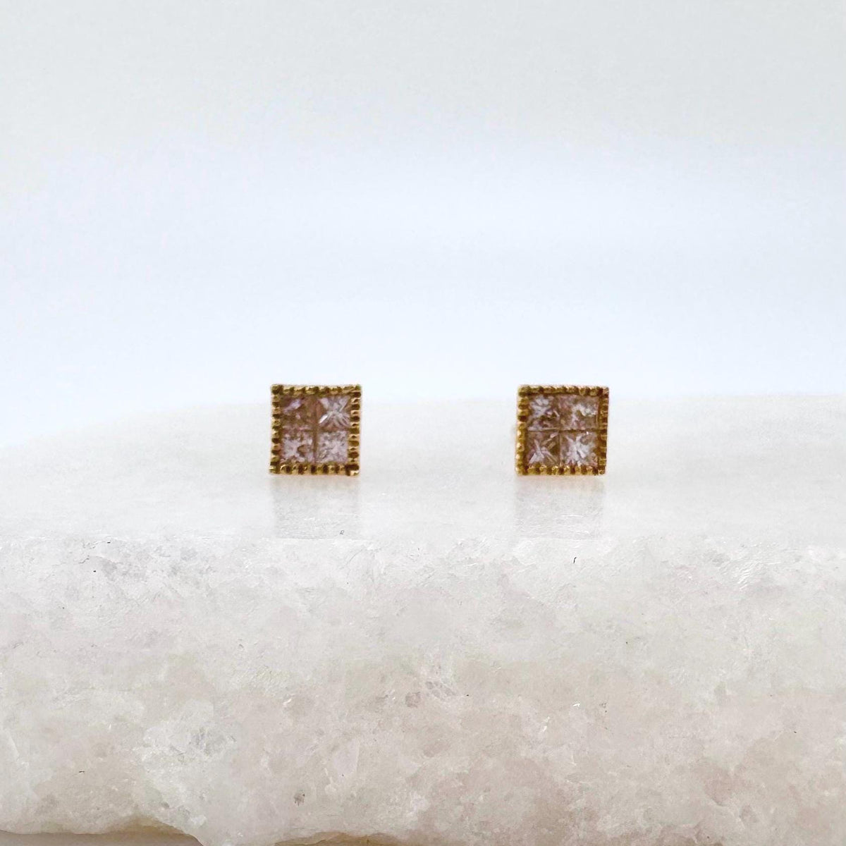 Genuine Diamond Square Bezel Stud Earrings in 18k Solid Gold