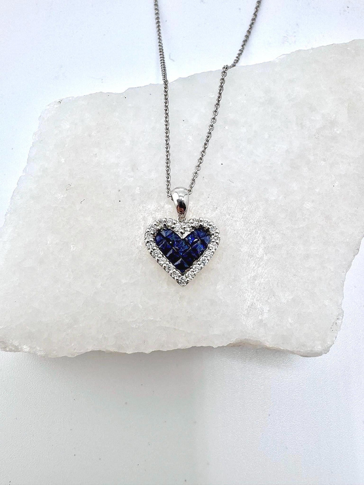 18k White Gold Sapphire Diamond Heart Pendant, September Birthstone Jewelry