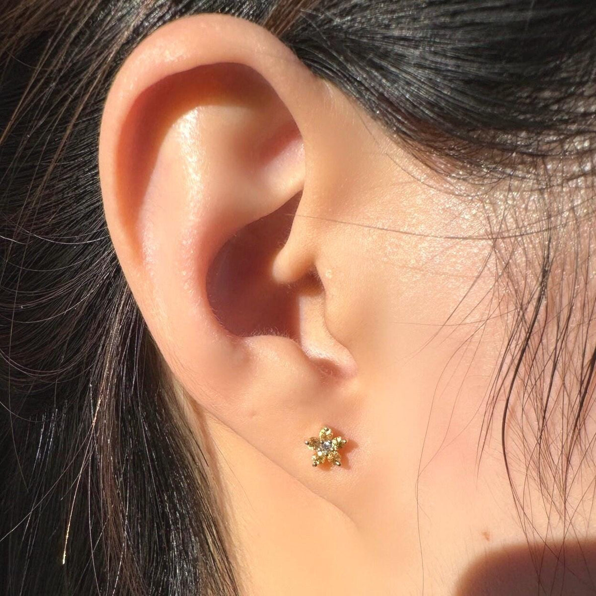 14k Solid Gold Orange Sapphire Diamond Flower Stud Earrings – Dainty Gemstone Pair