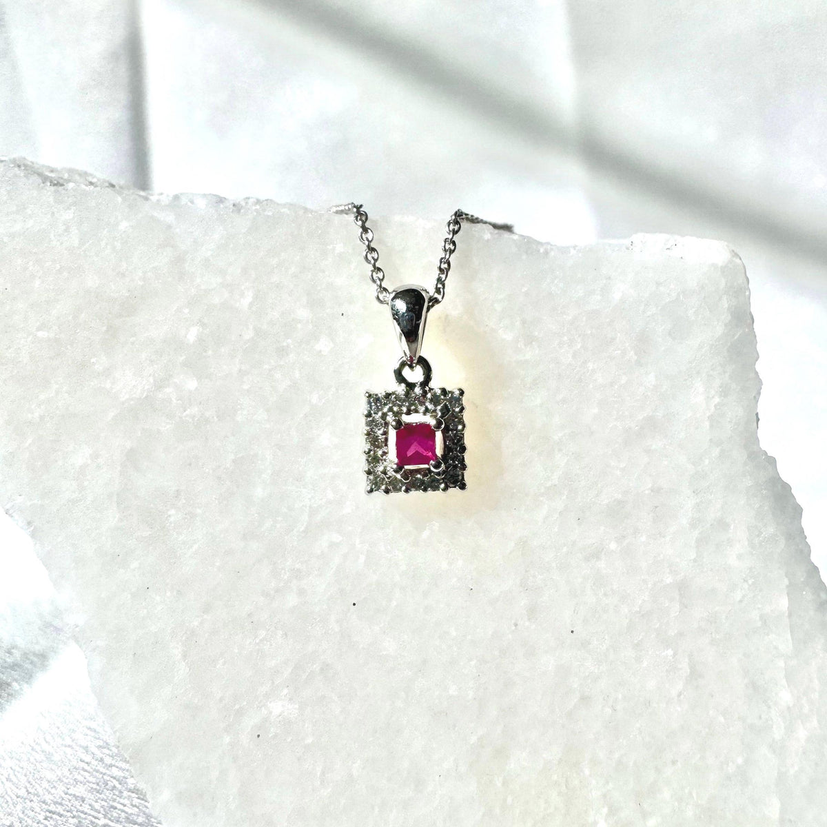 Genuine Ruby 3 mm Princess Cut and Diamond Pendant in 14k Solid Gold