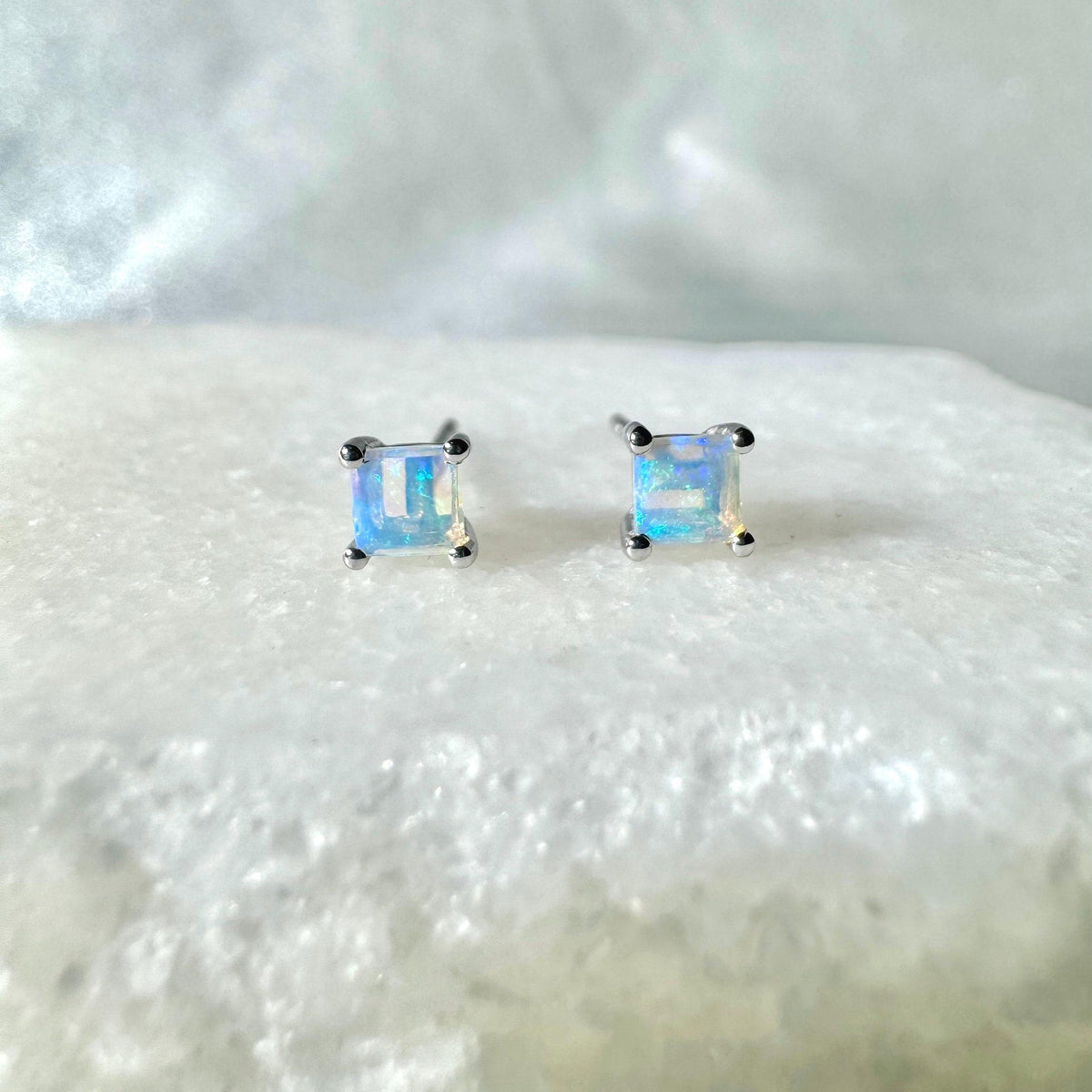 Genuine Opal 4mm Princess Cut Solitaire Stud Earrings / 14k Solid Gold