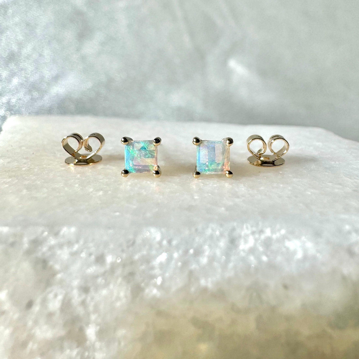 Genuine Opal 4mm Princess Cut Solitaire Stud Earrings / 14k Solid Gold