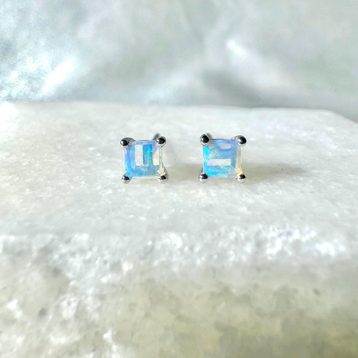 Genuine Opal 4mm Princess Cut Solitaire Stud Earrings / 14k Solid Gold