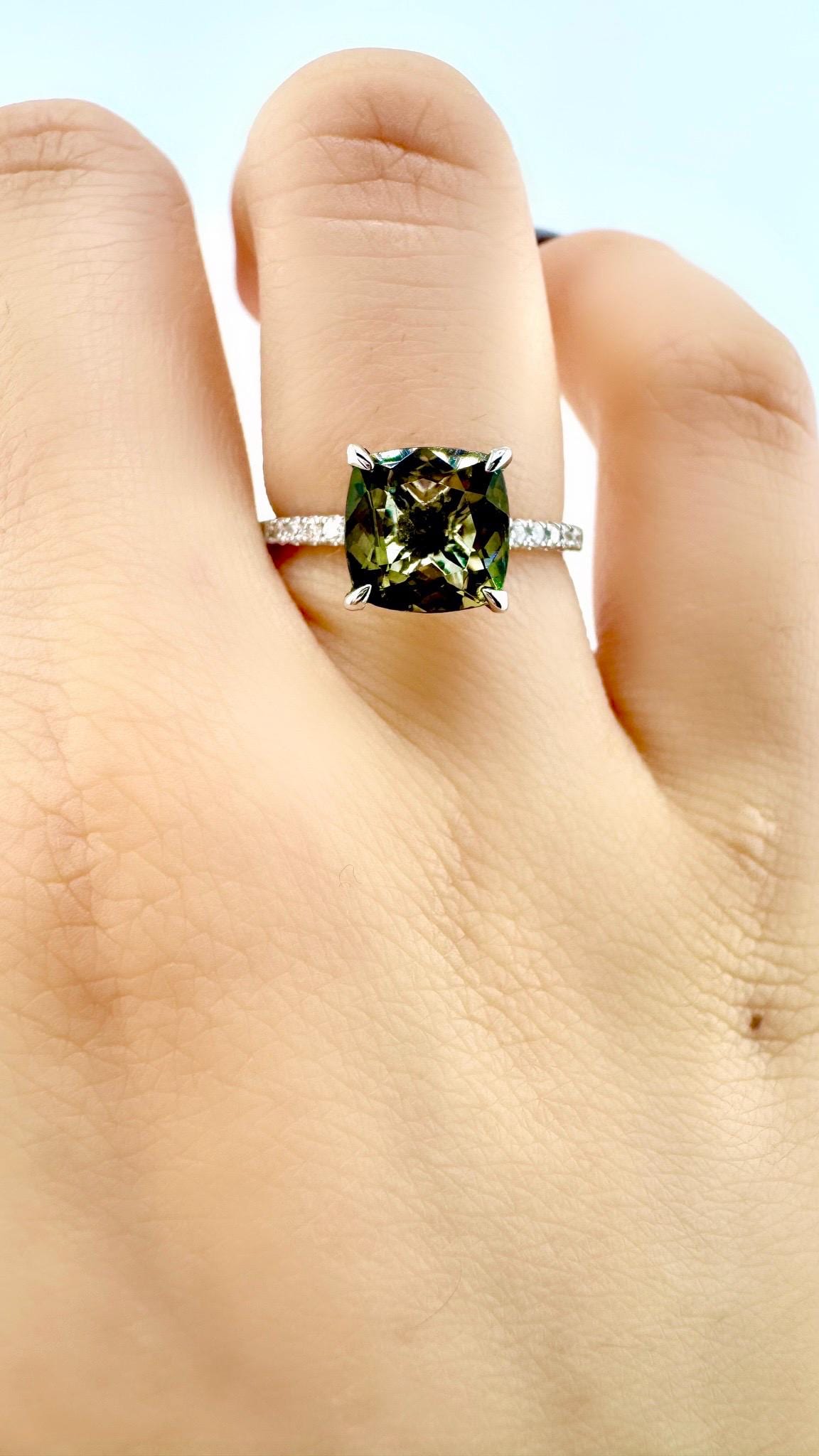 Genuine Green Tourmaline and Diamond Cushion Cut Ring in 18k Solid White Gold
