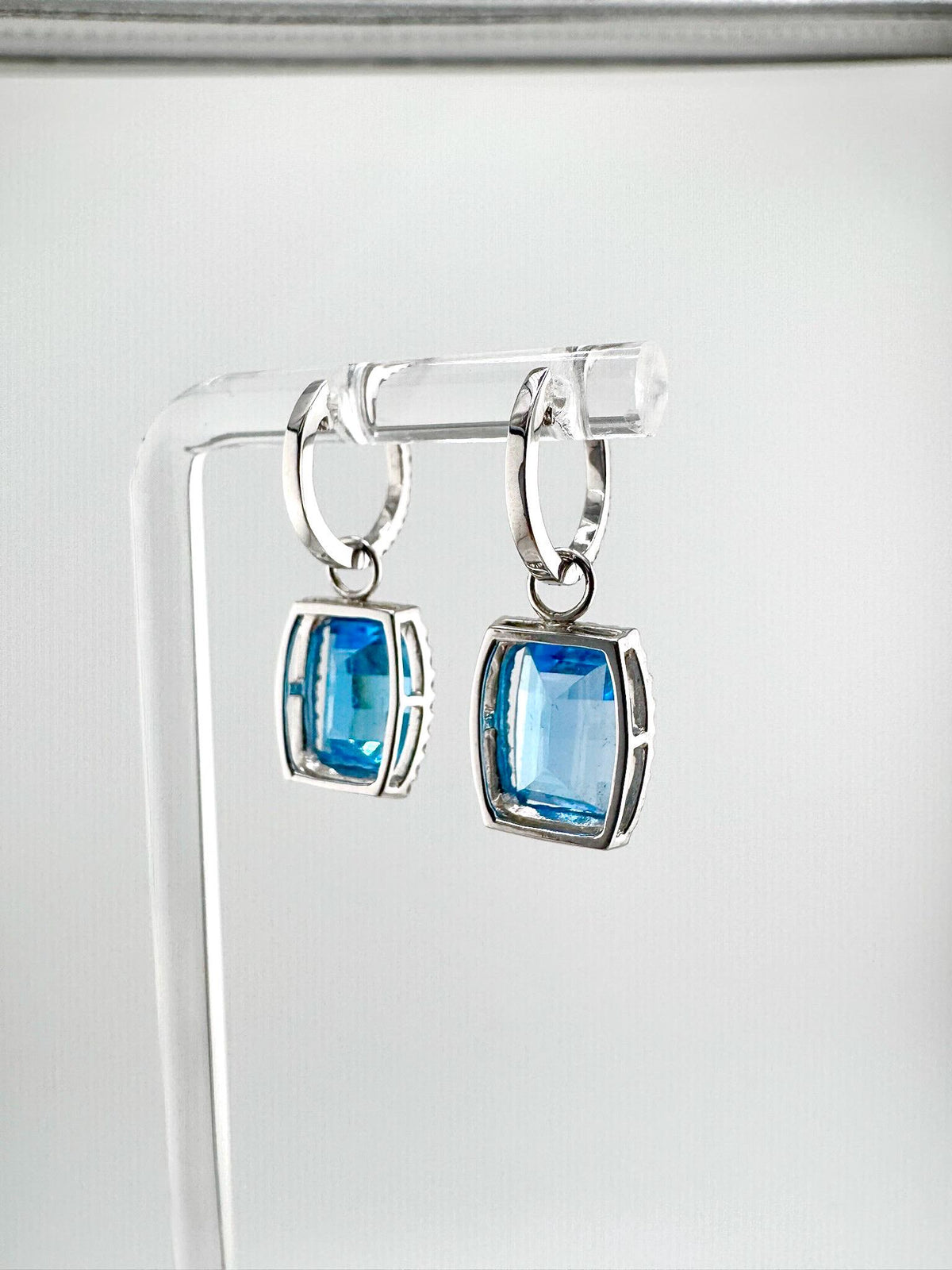 Genuine Blue Topaz and Diamond Hoops/Huggies in 14k White Gold