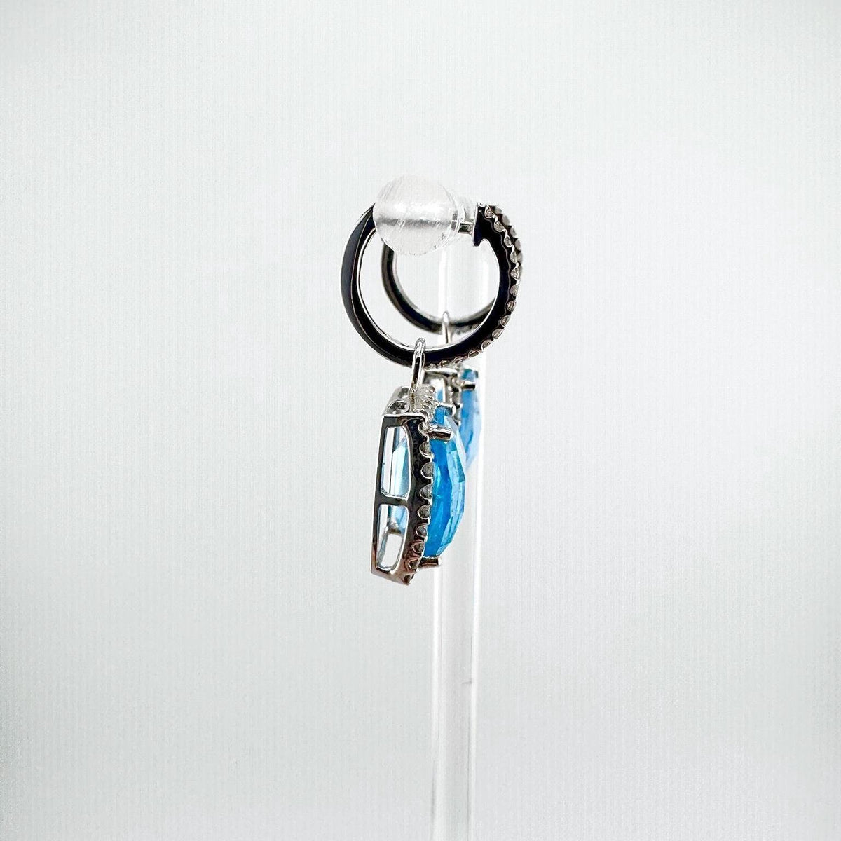 Genuine Blue Topaz and Diamond Hoops/Huggies in 14k White Gold