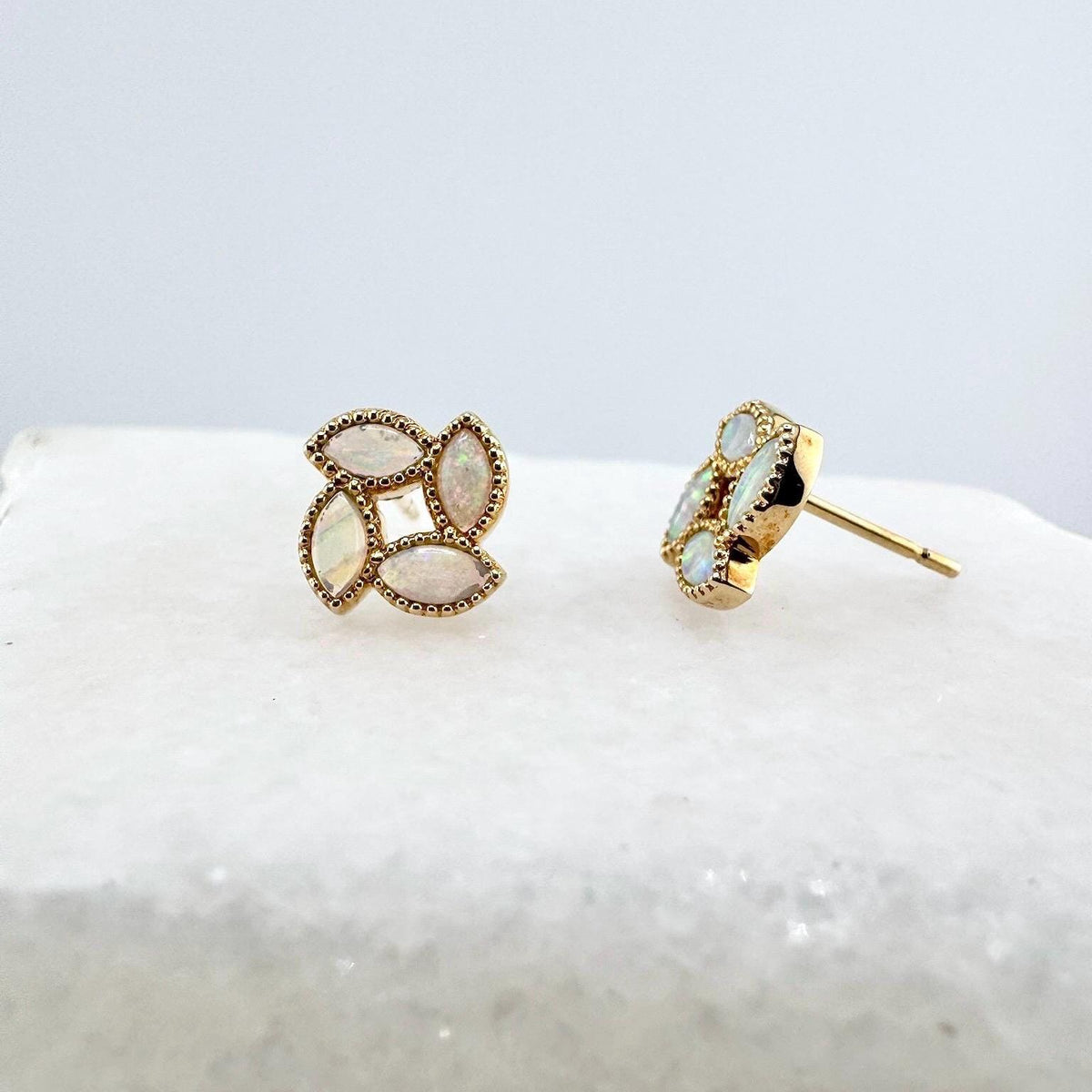 Genuine Opal Clover Stud Earrings, 18k Solid Yellow Gold, October Birthstone, Gift for Her