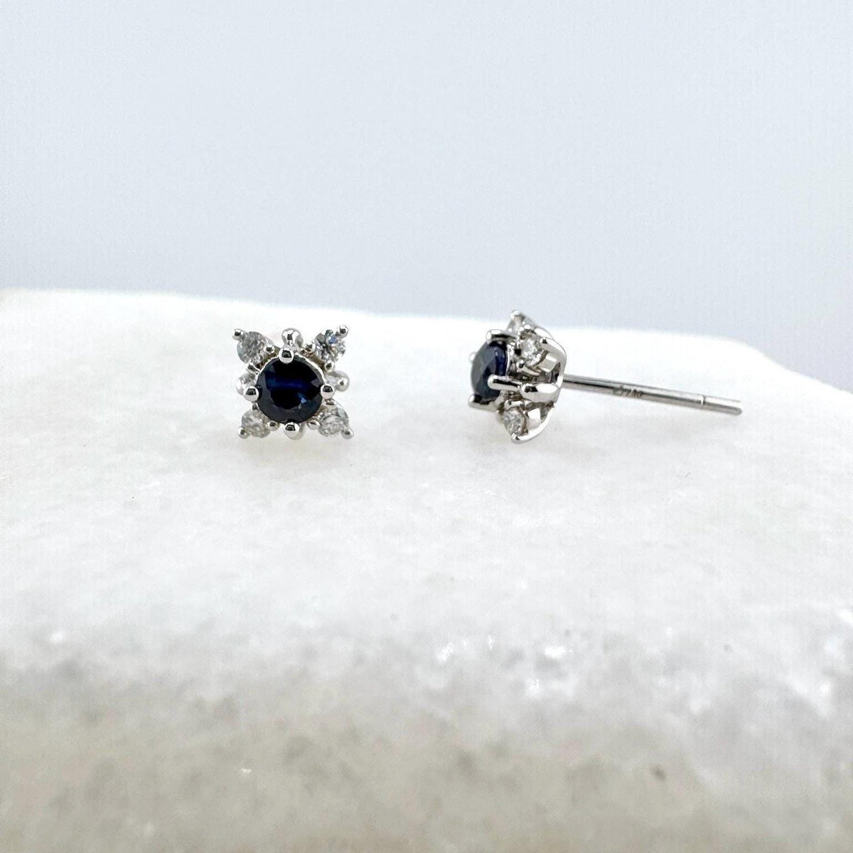 Genuine Round Sapphire and Diamond Earrings in 18k Solid White Gold