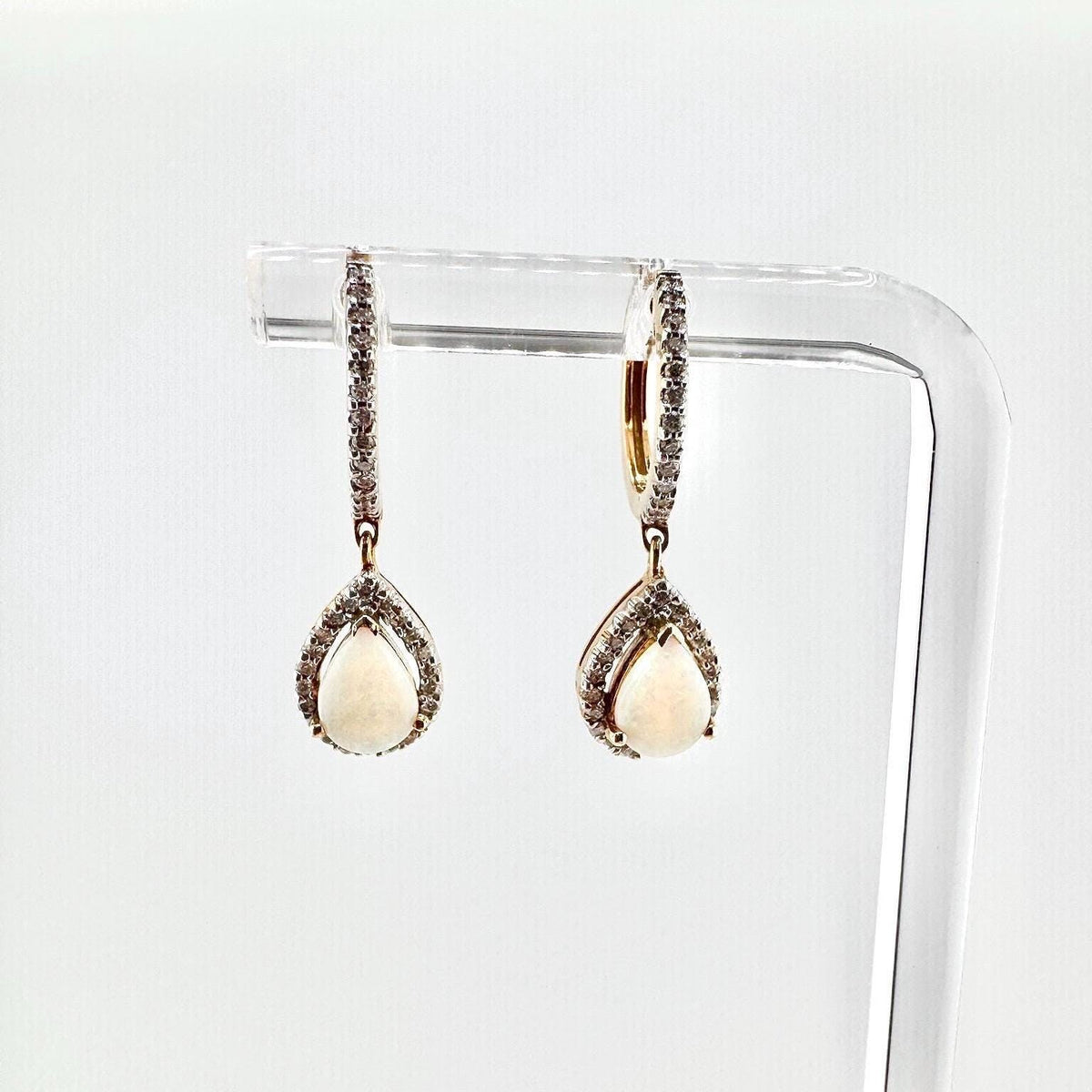 18k Solid Yellow Gold Teardrop Opal Diamond Halo Huggie Hoops, October Birthstone Earrings