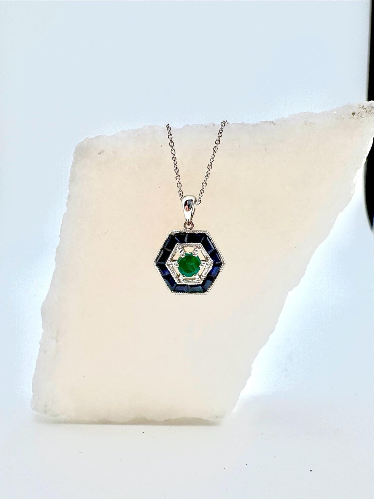 Genuine Emerald and Sapphire Hexagonal Pendant | 18k Solid White Gold