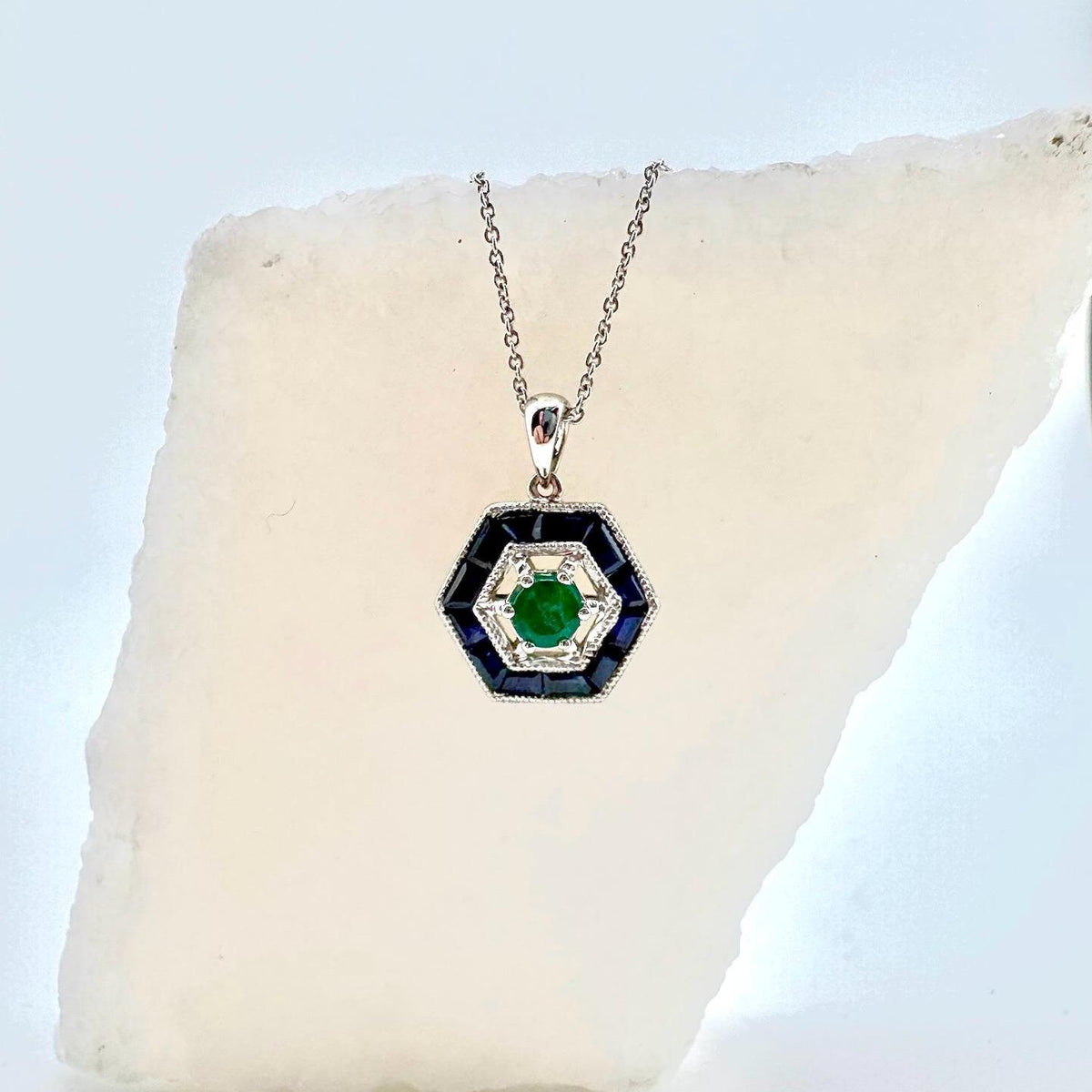 Genuine Emerald and Sapphire Hexagonal Pendant | 18k Solid White Gold