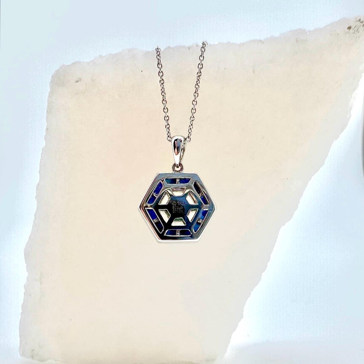 Genuine Emerald and Sapphire Hexagonal Pendant | 18k Solid White Gold