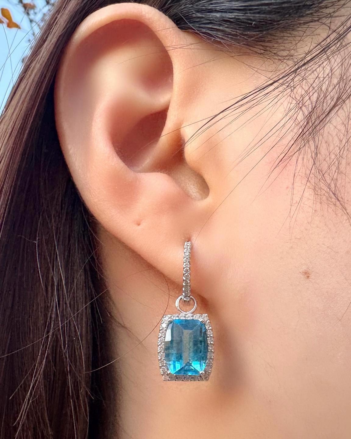 Genuine Blue Topaz and Diamond Hoops/Huggies in 14k White Gold