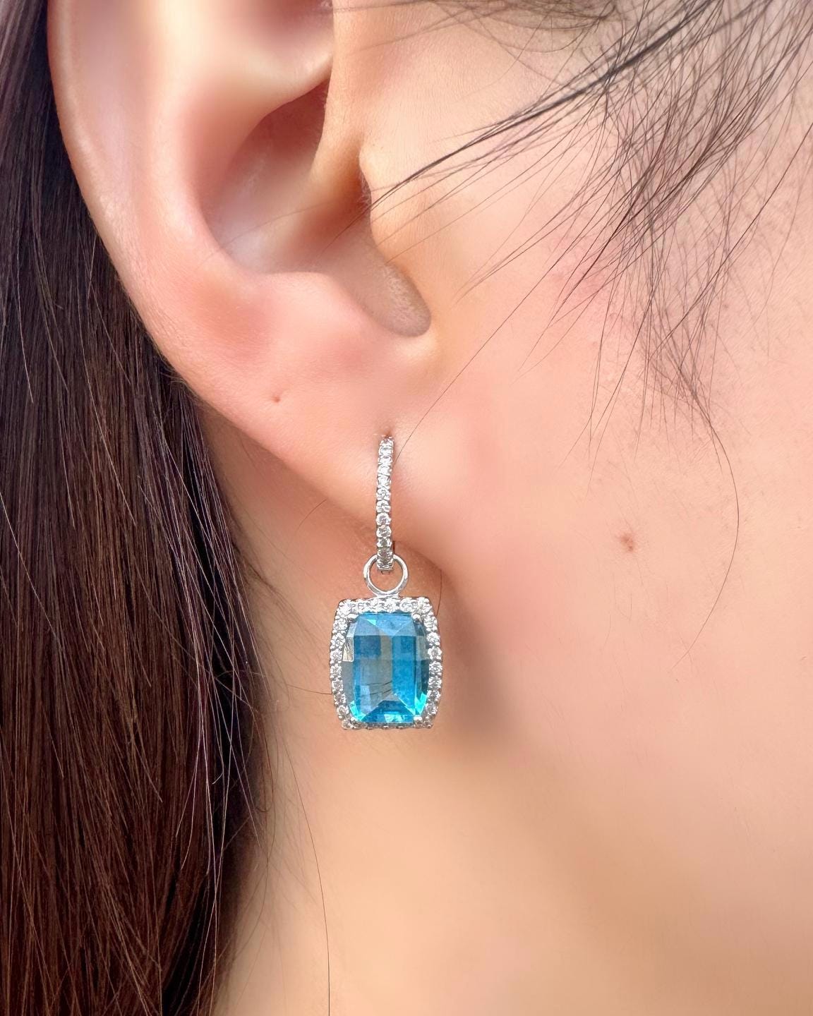 Genuine Blue Topaz and Diamond Hoops/Huggies in 14k White Gold
