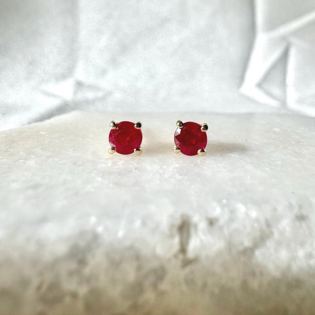 Genuine Ruby Solitaire Stud Earrings, 4mm Round Cut, 14k Yellow Gold, July Birthstone Gift