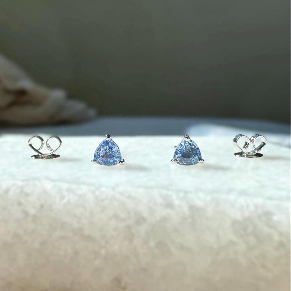 Genuine Ceylon Sapphire Trillion Cut Stud Earrings, 14k Solid Yellow Gold, September Birthstone Gift