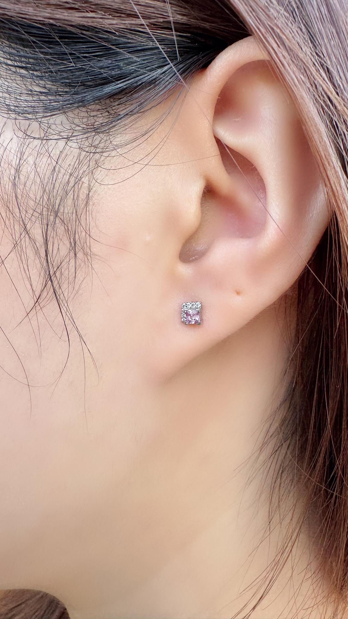 Genuine Pink Sapphire and Diamond Stud Earrings in 18k Solid White Gold
