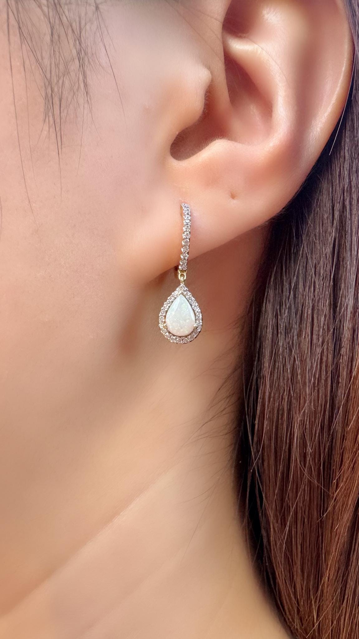 18k Solid Yellow Gold Teardrop Opal Diamond Halo Huggie Hoops, October Birthstone Earrings