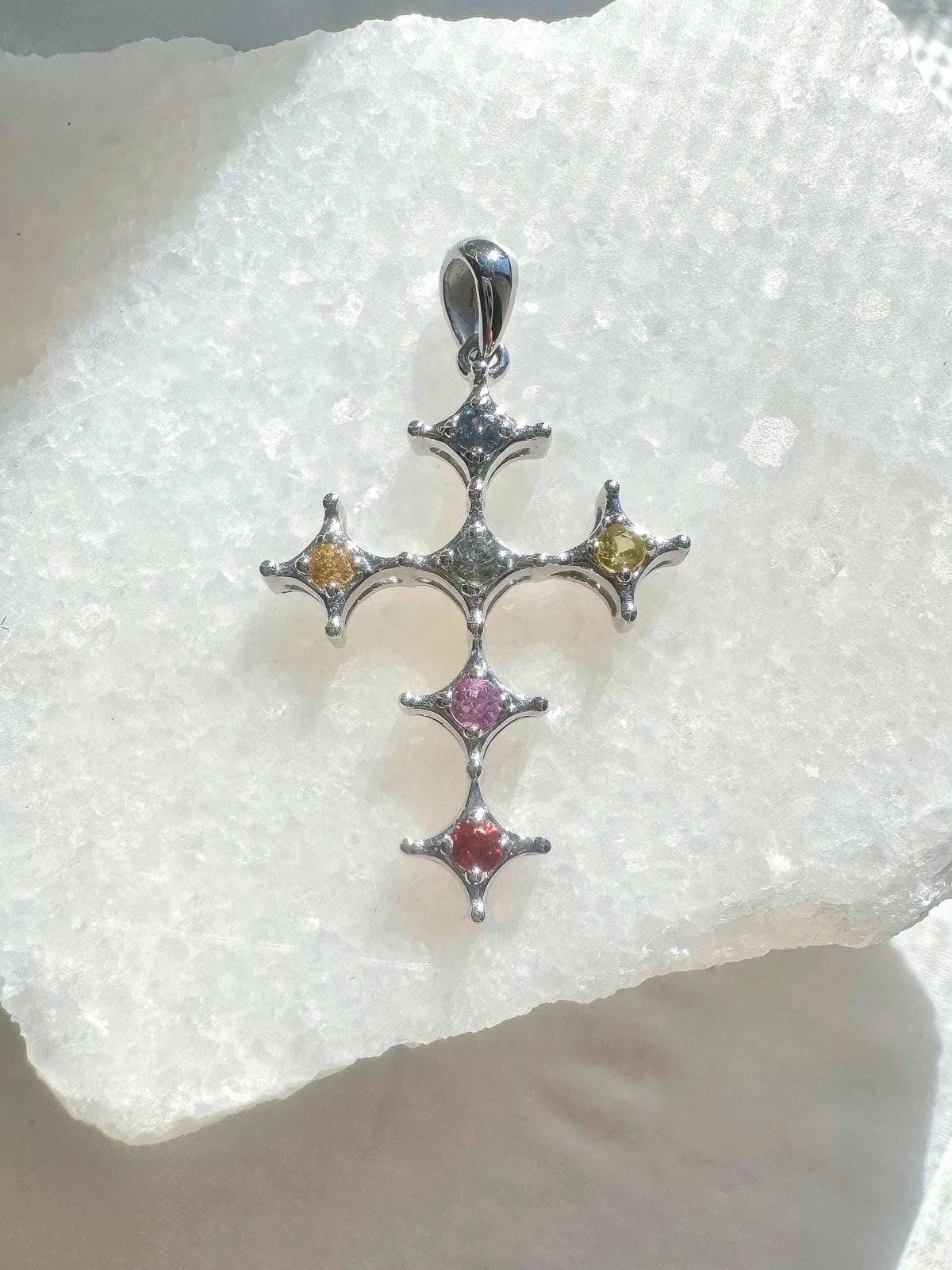 Genuine Rainbow Sapphire Cross Pendant, 18k Solid Gold, September Birthstone, Gift for Her