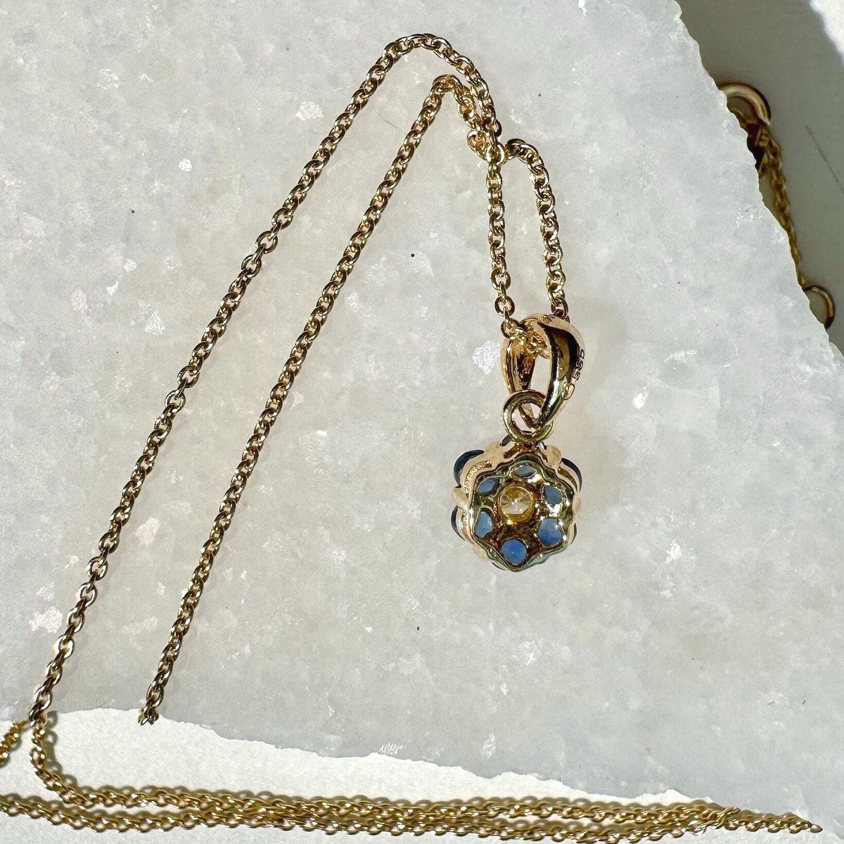 Genuine Sapphire and Diamond Flower Pendant, 14k Solid Gold, September Birthstone, Gift for Her
