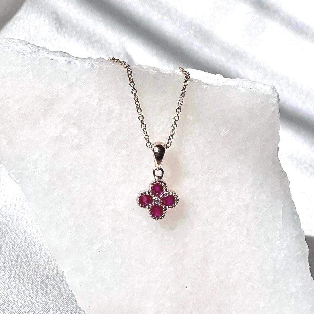 Genuine Ruby Diamond Mini Clover Pendant, 14k Solid Gold, July Birthstone