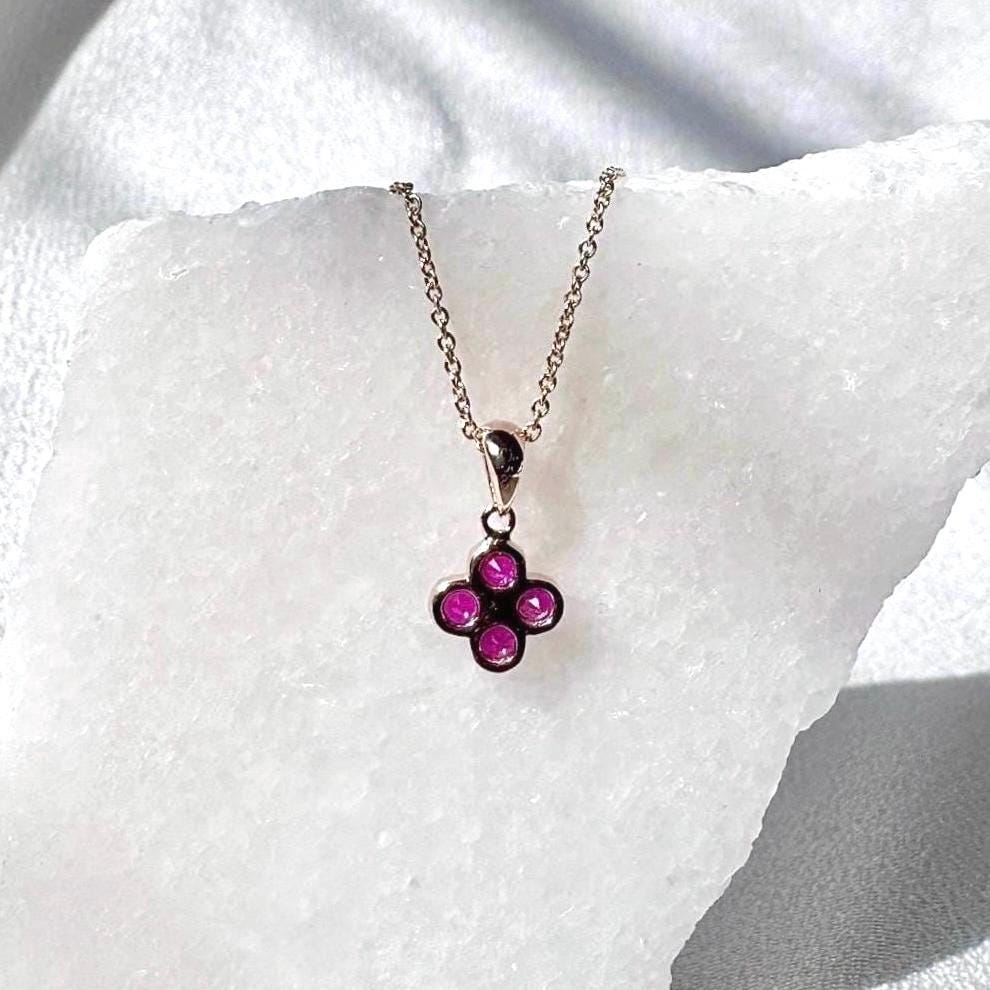 Genuine Ruby Diamond Mini Clover Pendant, 14k Solid Gold, July Birthstone