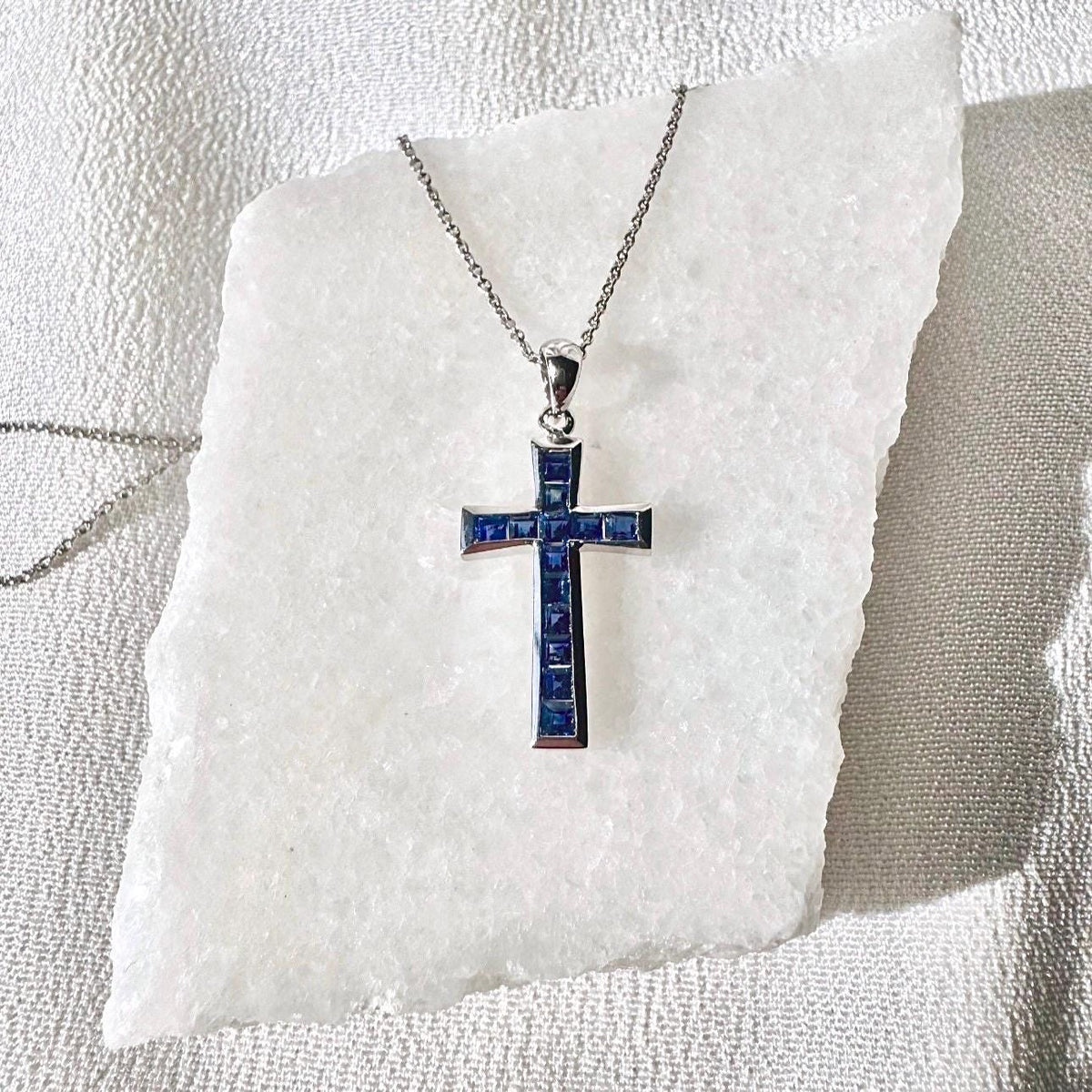 Genuine Sapphire Tapered Cross Pendant, 18k Solid Gold, September Birthstone, Gift for Her