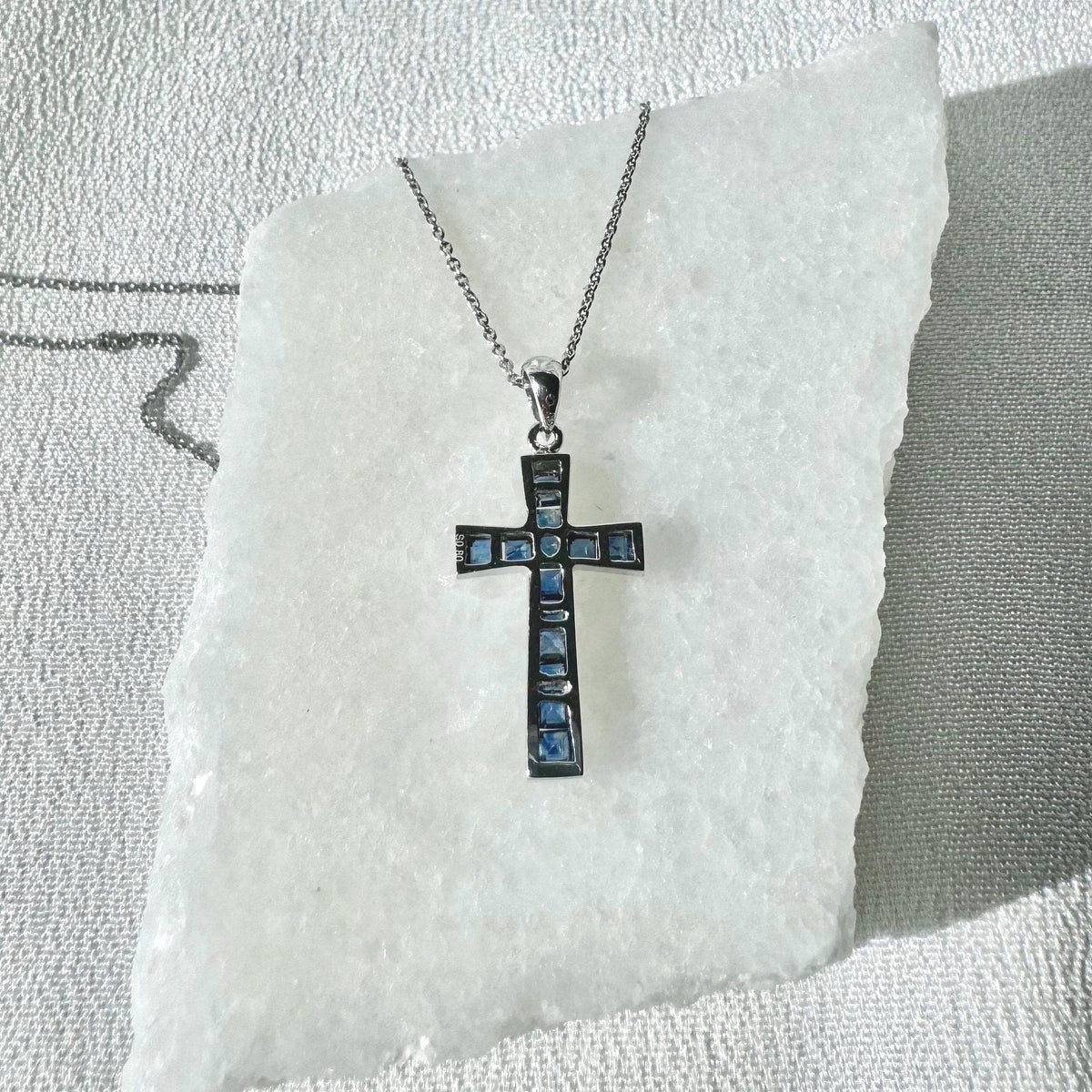 Genuine Sapphire Tapered Cross Pendant, 18k Solid Gold, September Birthstone, Gift for Her