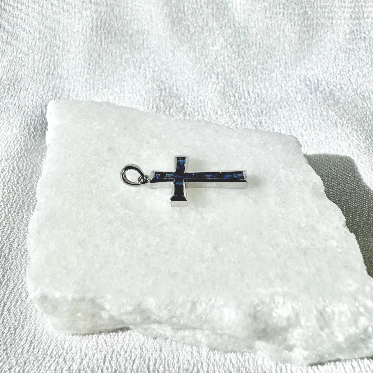 Genuine Sapphire Tapered Cross Pendant, 18k Solid Gold, September Birthstone, Gift for Her