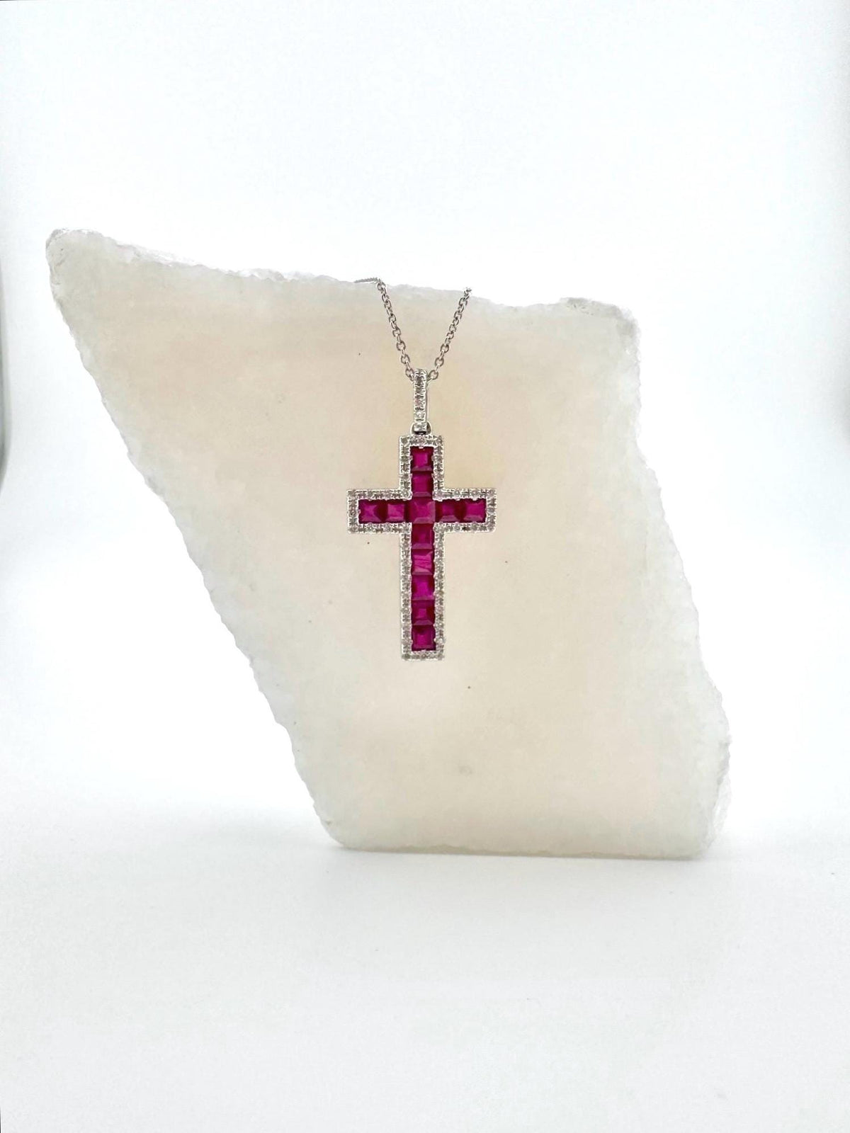 Genuine Ruby and Diamond Tapered Cross Pendant | 14k Solid Gold