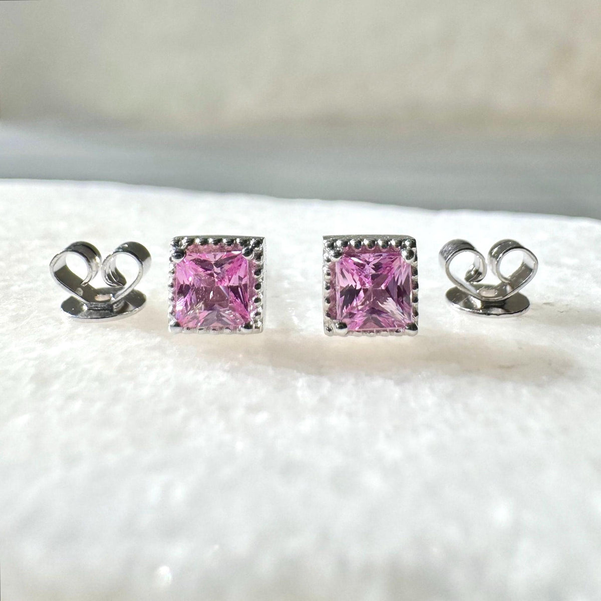 Genuine Pink Sapphire Princess Cut Stud Earrings, 14k Solid Gold, September Birthstone