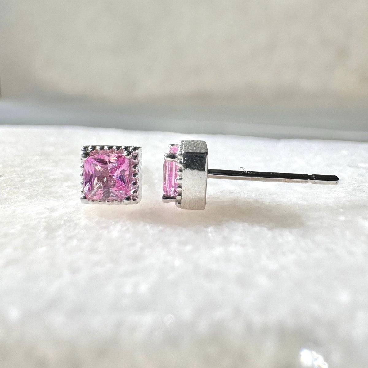 Genuine Pink Sapphire Princess Cut Stud Earrings, 14k Solid Gold, September Birthstone