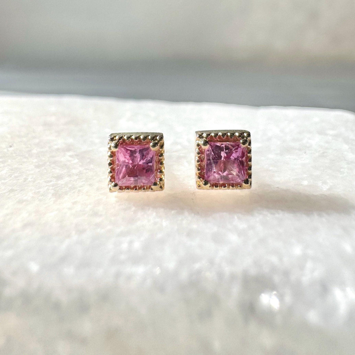 Genuine Pink Sapphire Princess Cut Stud Earrings, 14k Solid Gold, September Birthstone