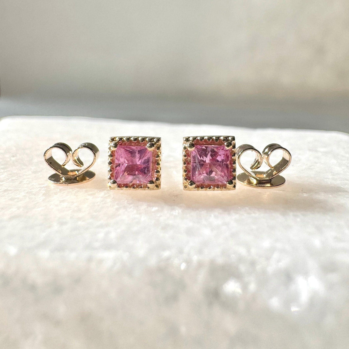 Genuine Pink Sapphire Princess Cut Stud Earrings, 14k Solid Gold, September Birthstone