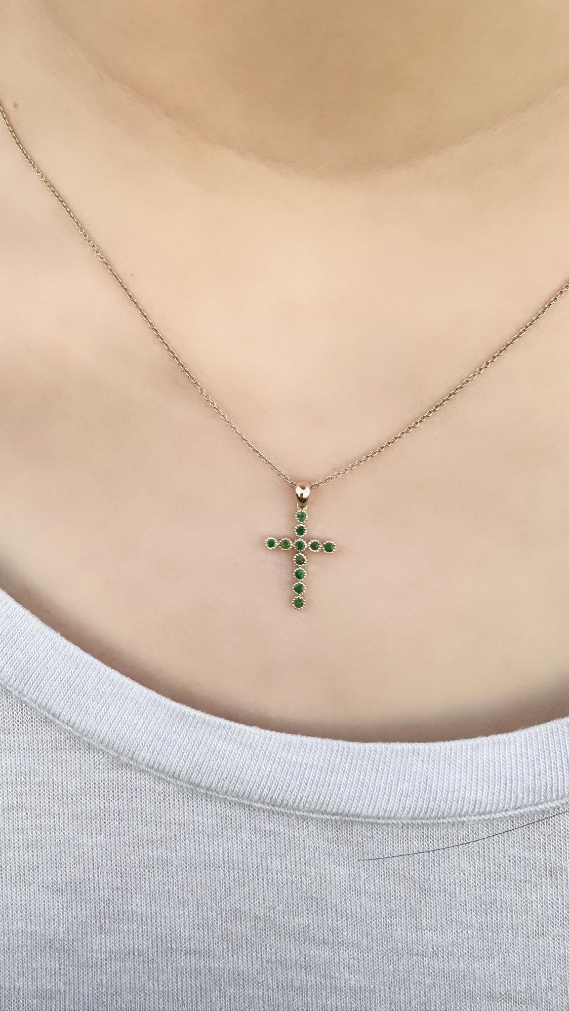 Genuine Emerald Cross Pendant, 14k Solid Yellow Gold, May Birthstone, Gift for Her