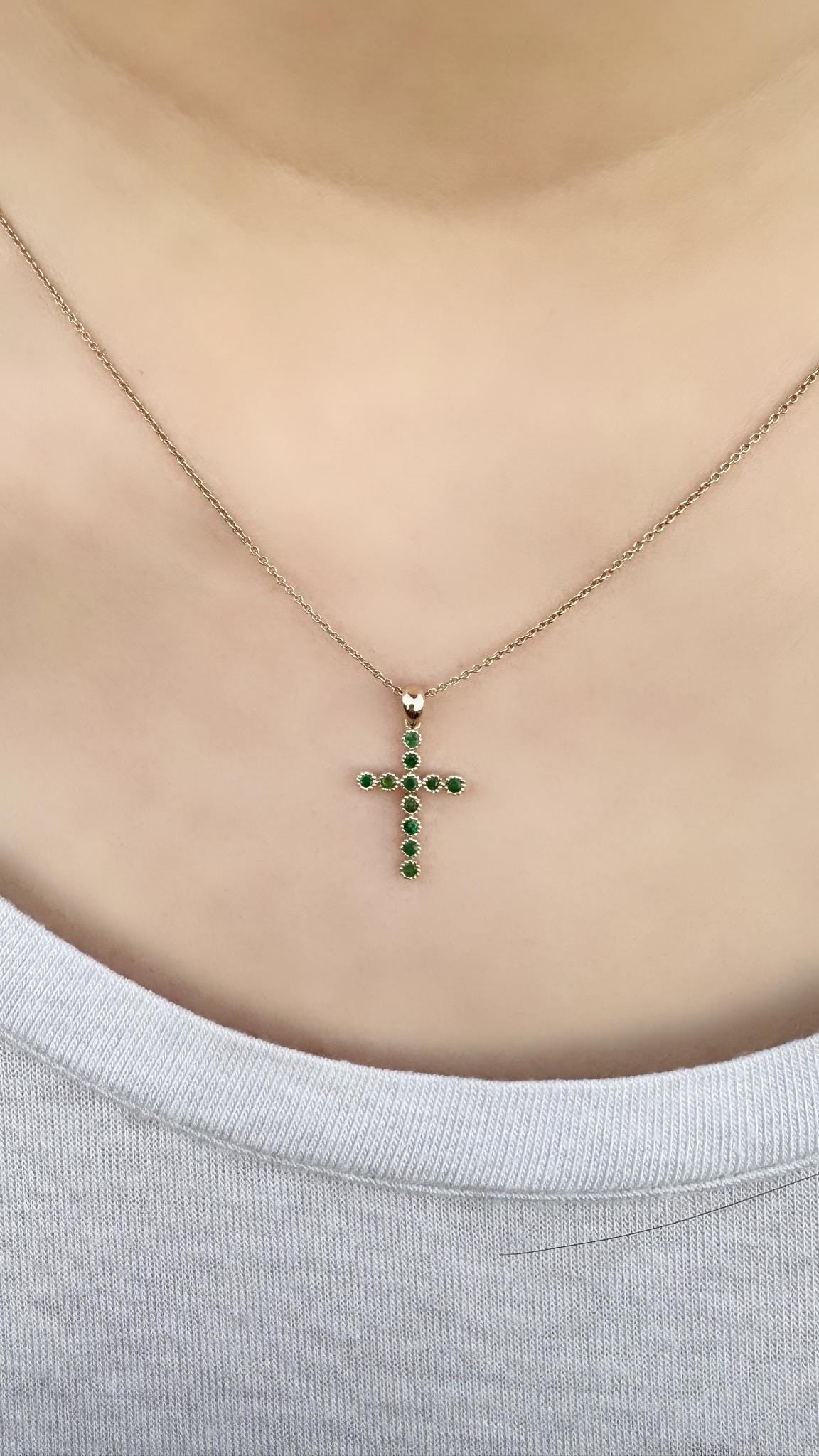 Genuine Emerald Cross Pendant, 14k Solid Yellow Gold, May Birthstone, Gift for Her