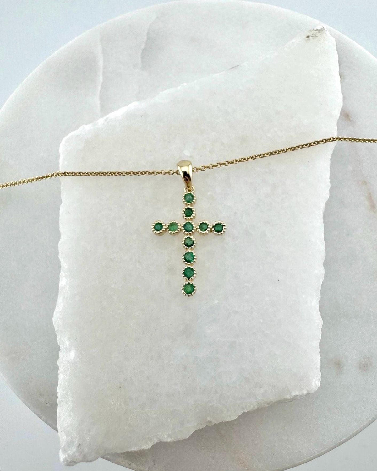 Genuine Emerald Cross Pendant, 14k Solid Yellow Gold, May Birthstone, Gift for Her