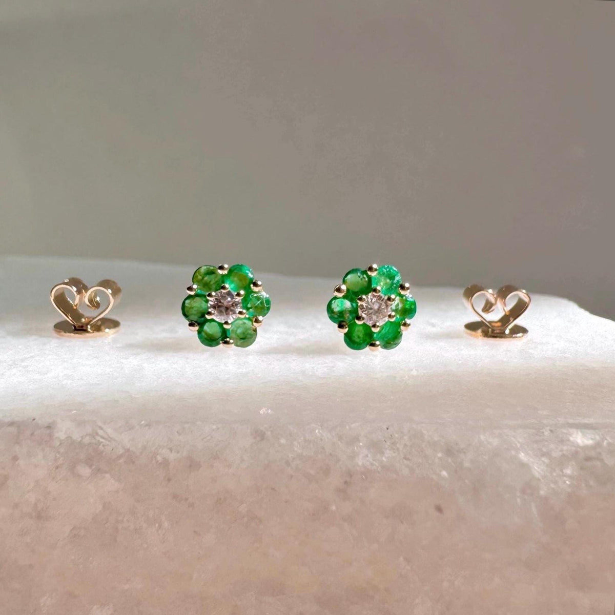 Natural Emerald Flower Stud Earrings, 6.5mm, 14k Solid Gold, May Birthstone Flower Jewelry