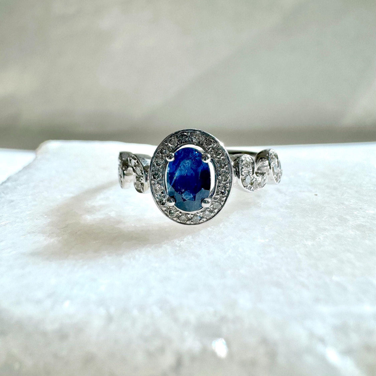 14k Solid White Gold Natural Oval Sapphire Swirl Diamond Halo Ring, September Birthstone