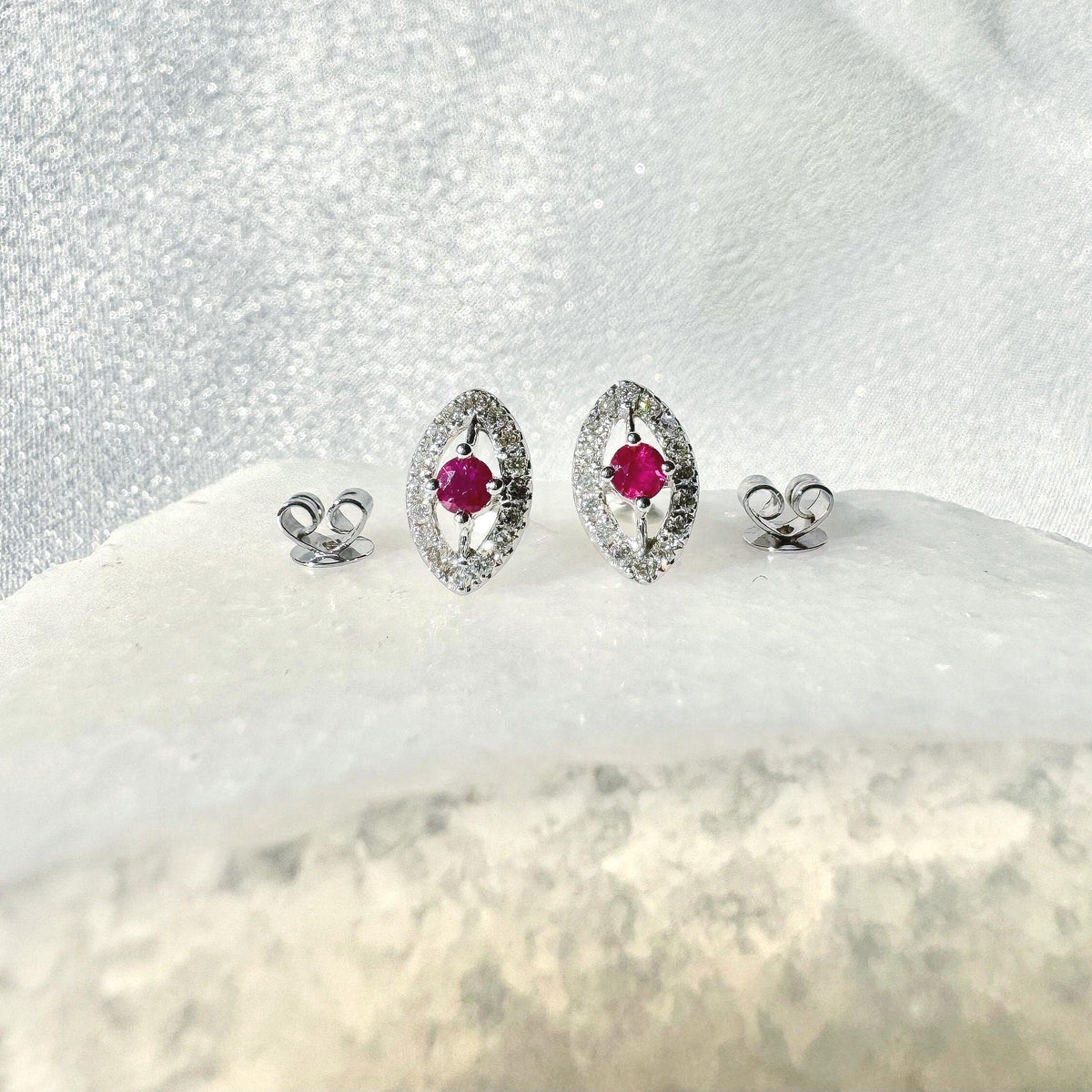 14k White Gold Ruby Diamond Marquise Halo Stud Earrings, July Birthstone
