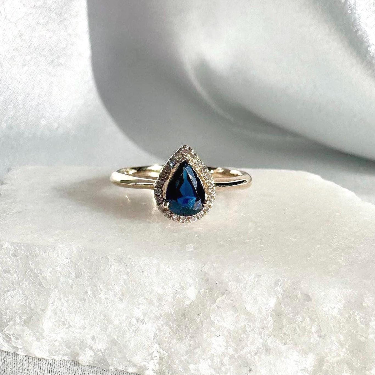 14k Solid Yellow Gold Sapphire Diamond Halo Ring, Pear Cut September Birthstone